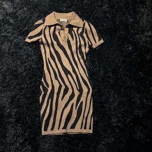 Beige & Black Zebra Knit Polo Mini Dress